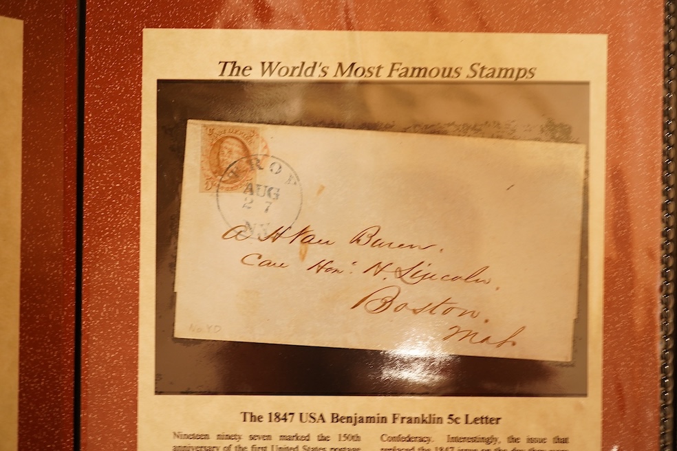 Five presentation folders of stamps issued by the Westminster collection as part of The World’s Most Famous Stamps and Philatelic Classics series including; a USA 1847 letter with 5c stamp, the 3d Beaver Canada stamp, tw
